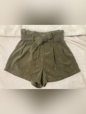 High Waist Corduroy Paperbag Shorts - Olive
